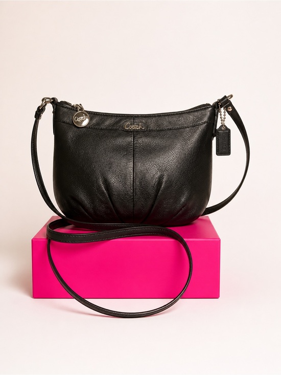 Coach Handbags - Coach Ashley small crossbody bag black leather silver hardware cursive logo.